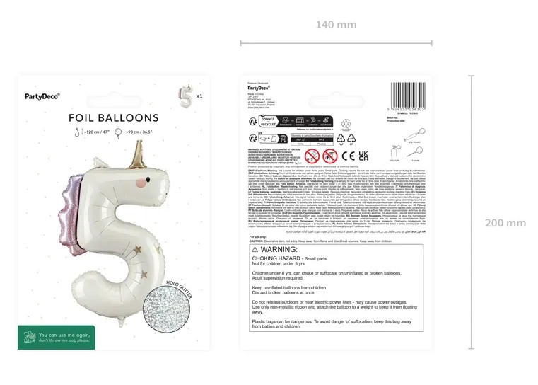 Balon foliowy Cyfra "5" Jednorożec 93cm FB359-5 PartyDeco